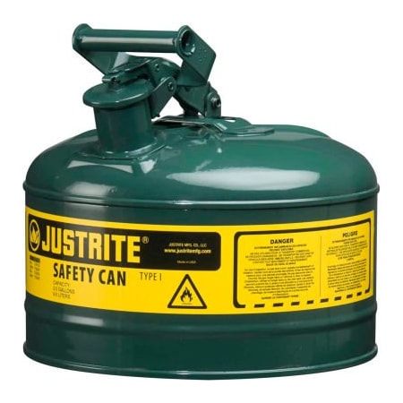 Justrite® Type I Steel Green Safety Can With Self-Close Lid, 2.5 Gallon (9.5L)